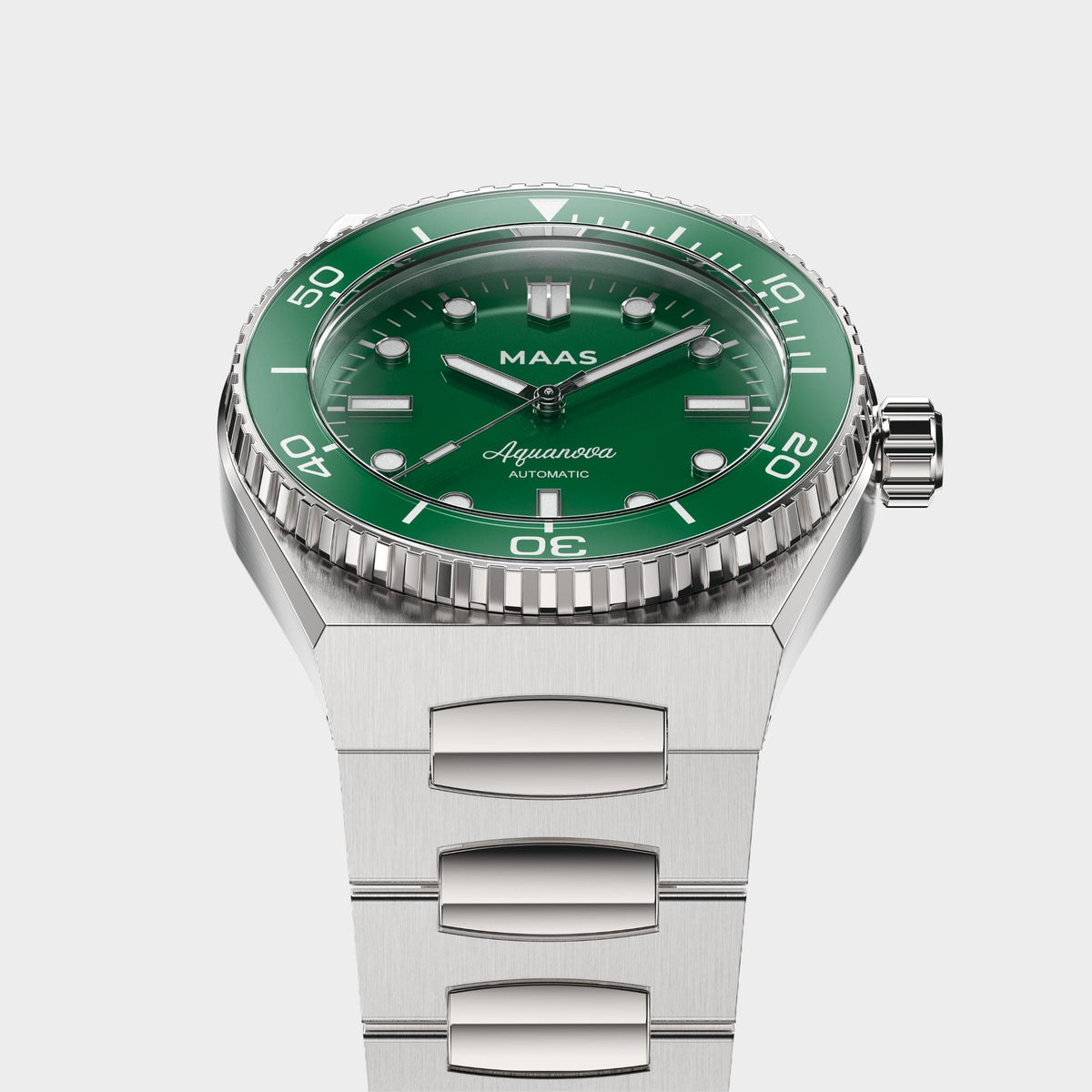 A stainless steel wristwatch with a green dial and green rotating bezel, featuring silver-tone lugs and a silver-tone case, shown on a light gray background.