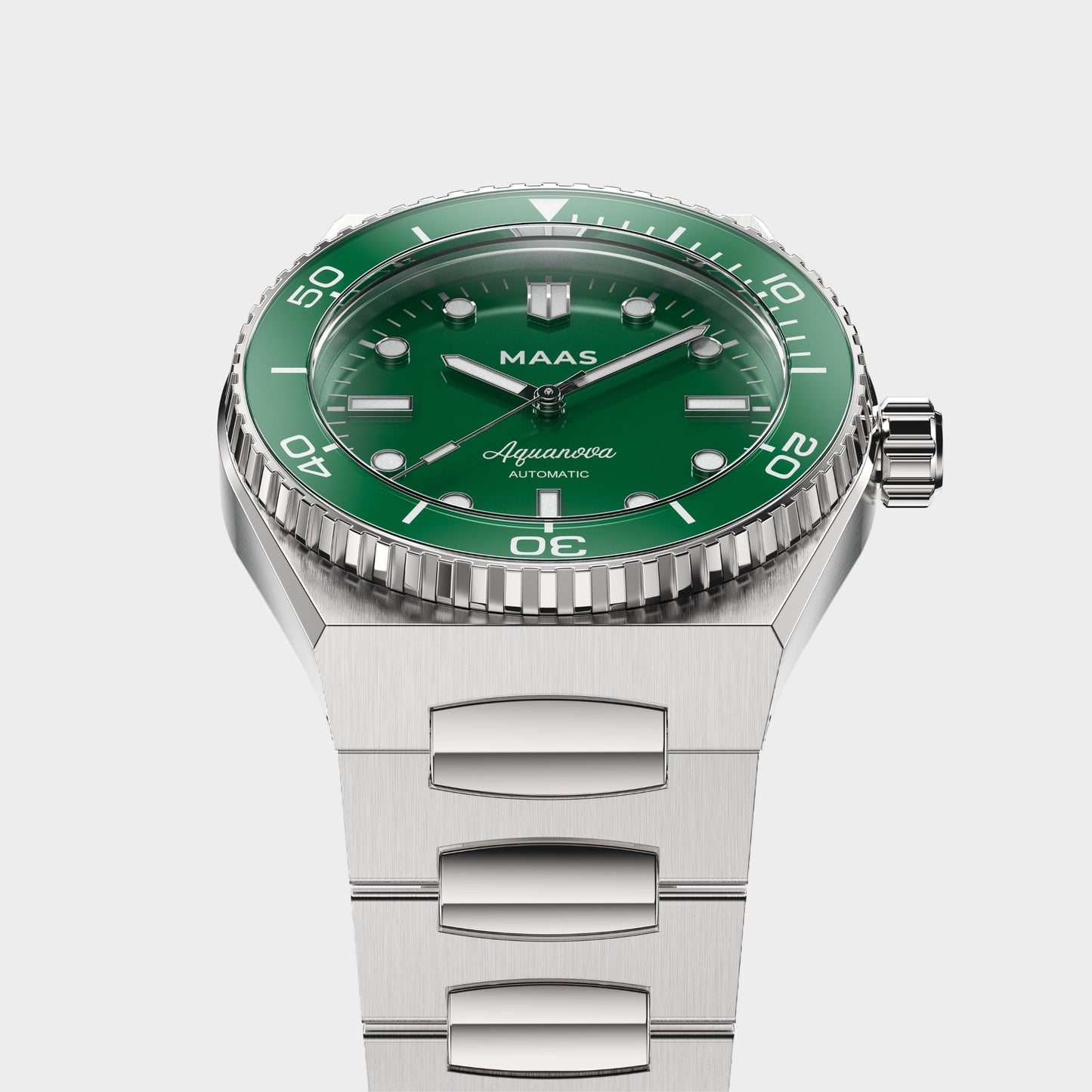A stainless steel wristwatch with a green dial and green rotating bezel, featuring silver-tone lugs and a silver-tone case, shown on a light gray background.