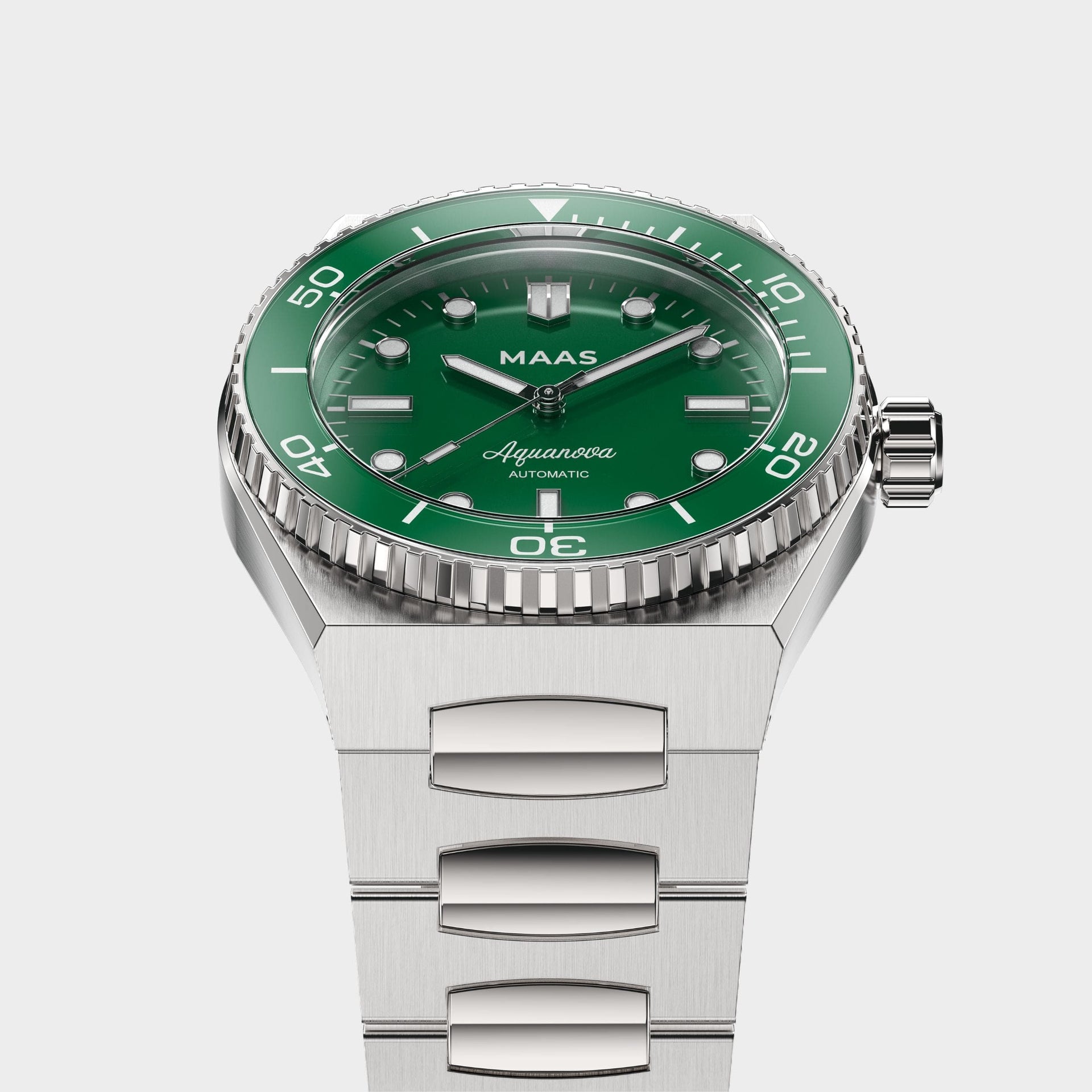 A stainless steel wristwatch with a green dial and green rotating bezel, featuring silver-tone lugs and a silver-tone case, shown on a light gray background.