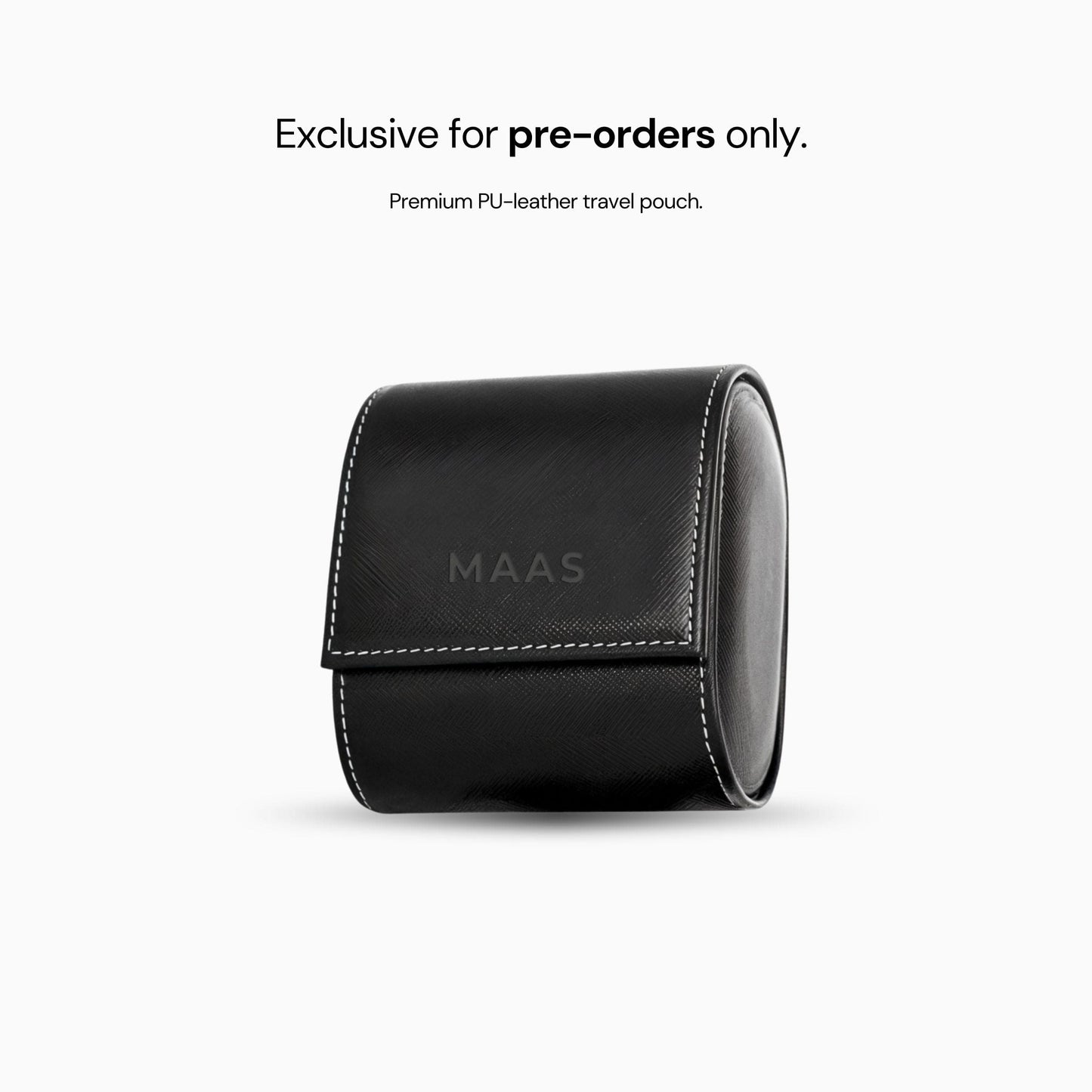 Black leather travel pouch with 'MAAS' branding on a white background