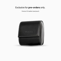 Black leather travel pouch with 'MAAS' branding on a white background